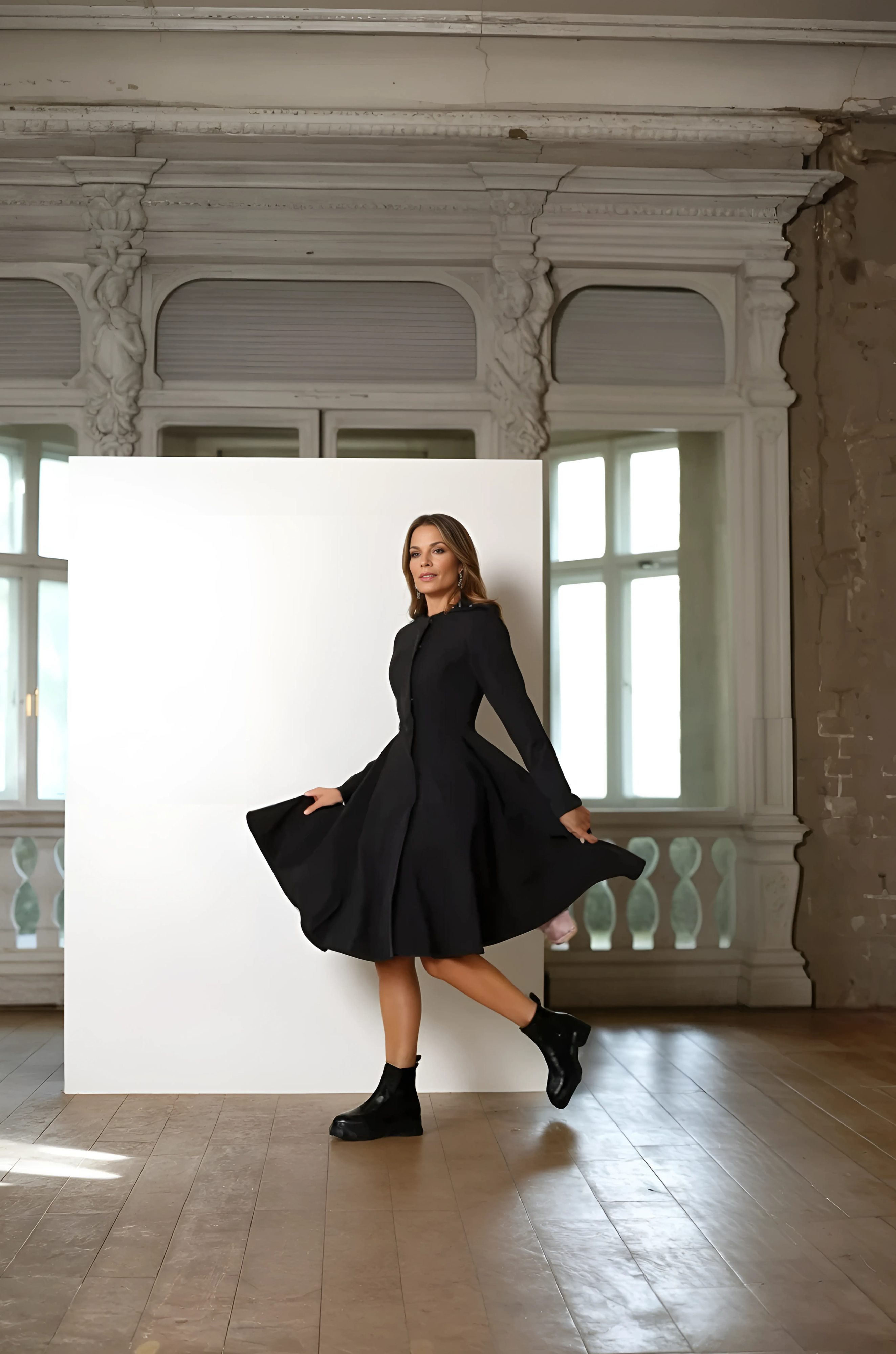 Fit and Flare Coat with Full Circle Skirts in Black and Ash Pink - Midnight Black