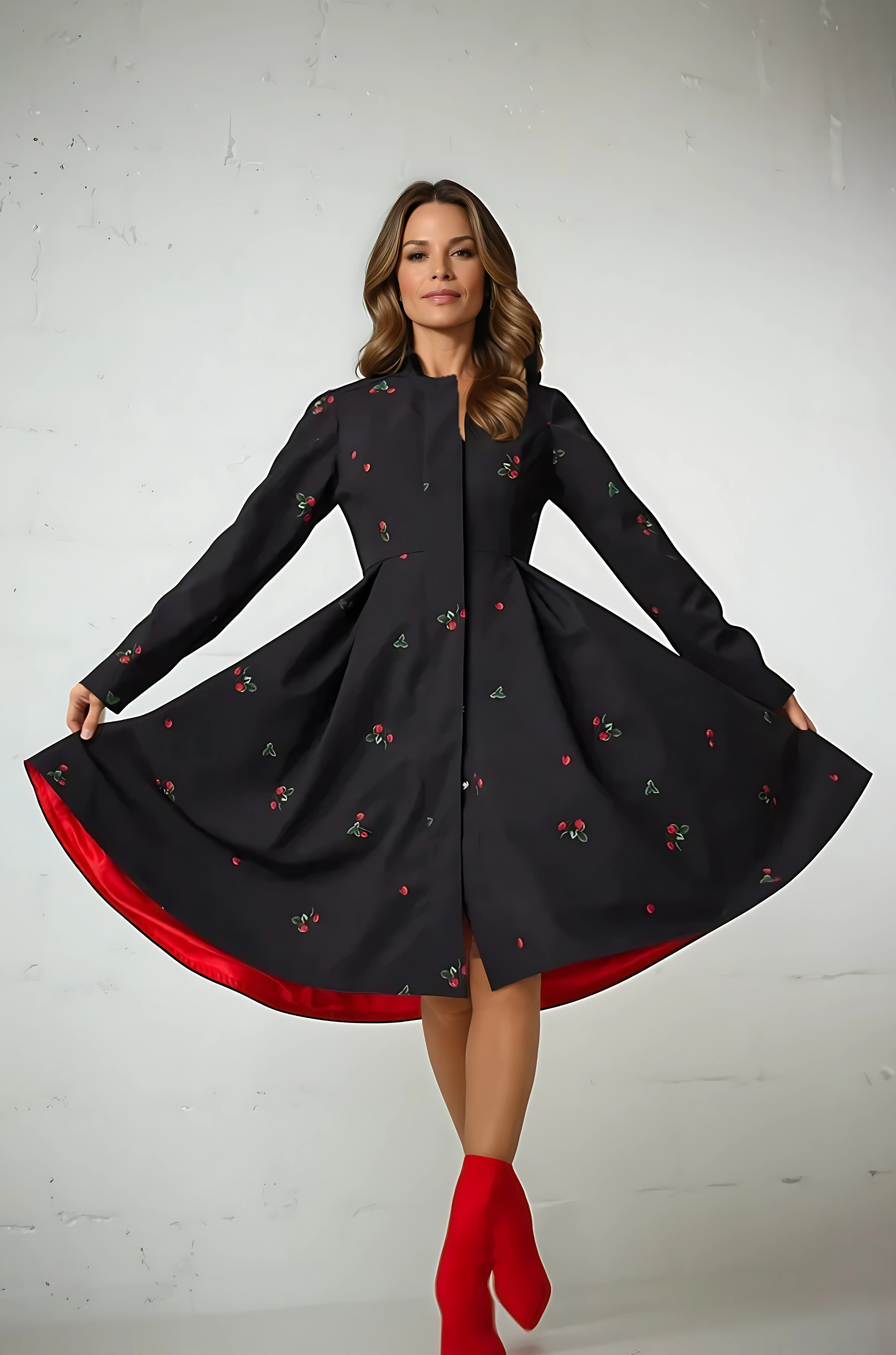 Fit and Flare Black Coat with Pleated Skirt and Strawberry Print - Wild Strawberry
