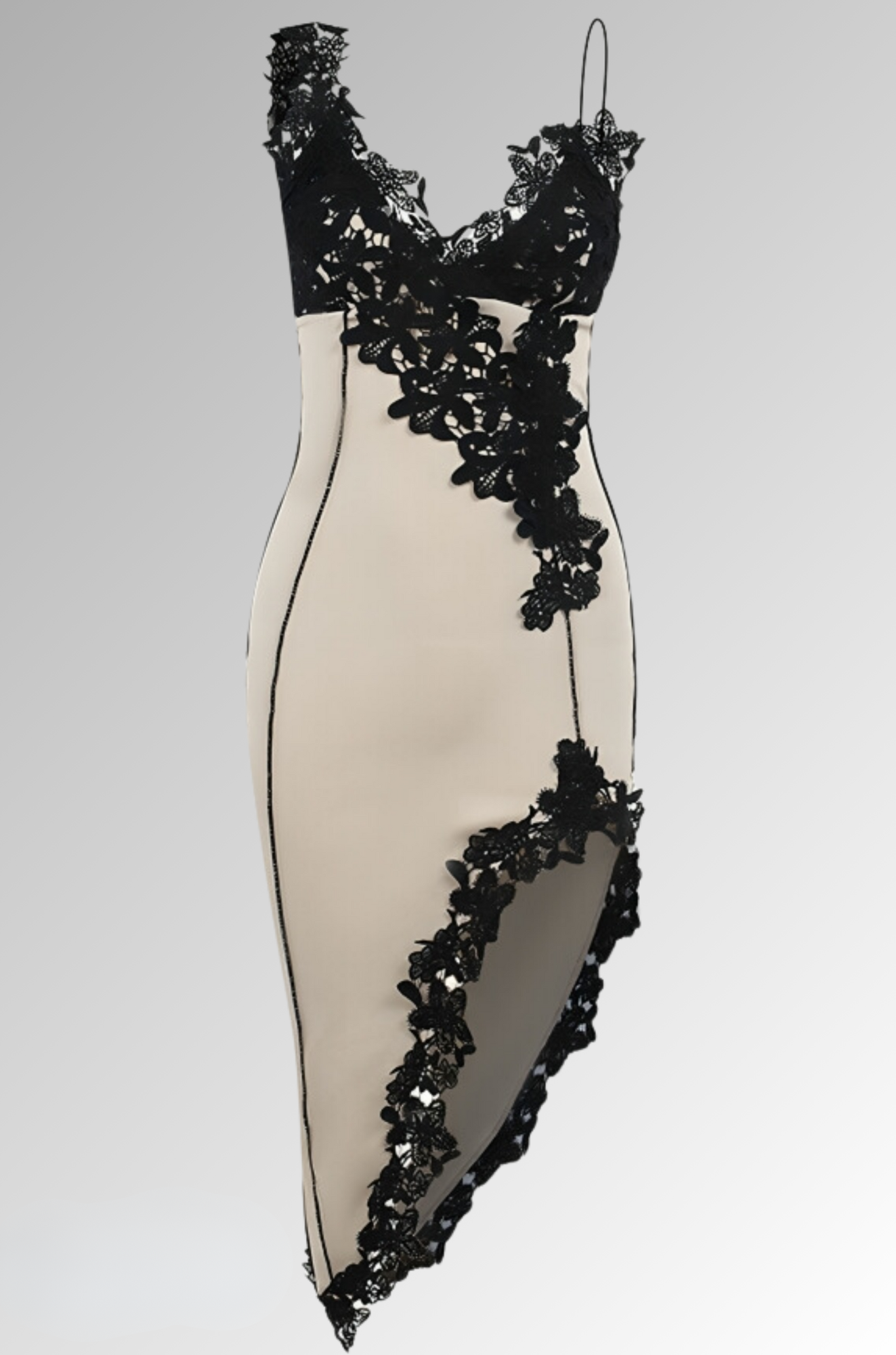 Victoria Lace Asymmetric Midi Dress - Overlaid Dramatic Black Lace for Woman