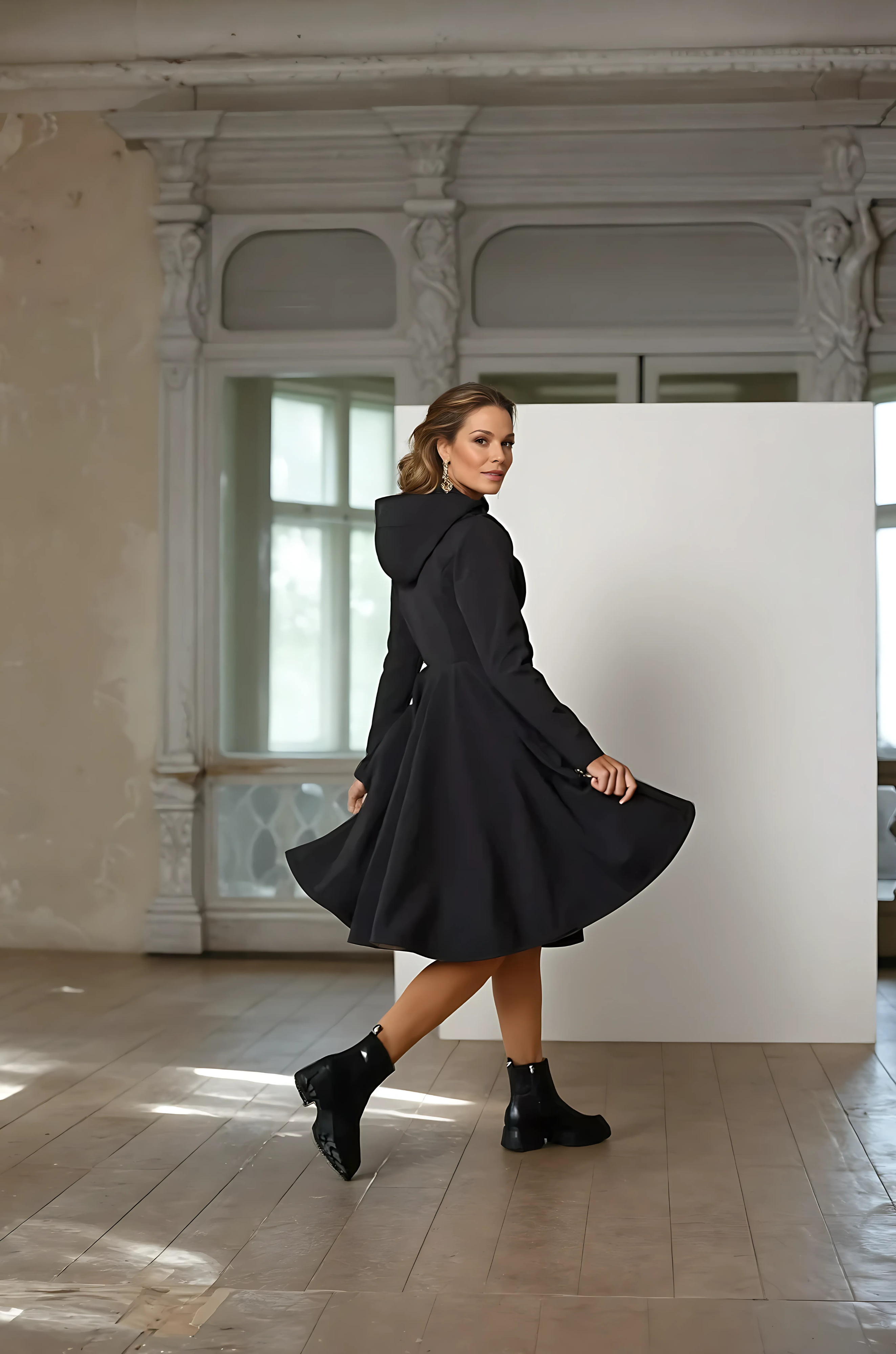 Fit and Flare Coat with Full Circle Skirts in Black and Ash Pink - Midnight Black