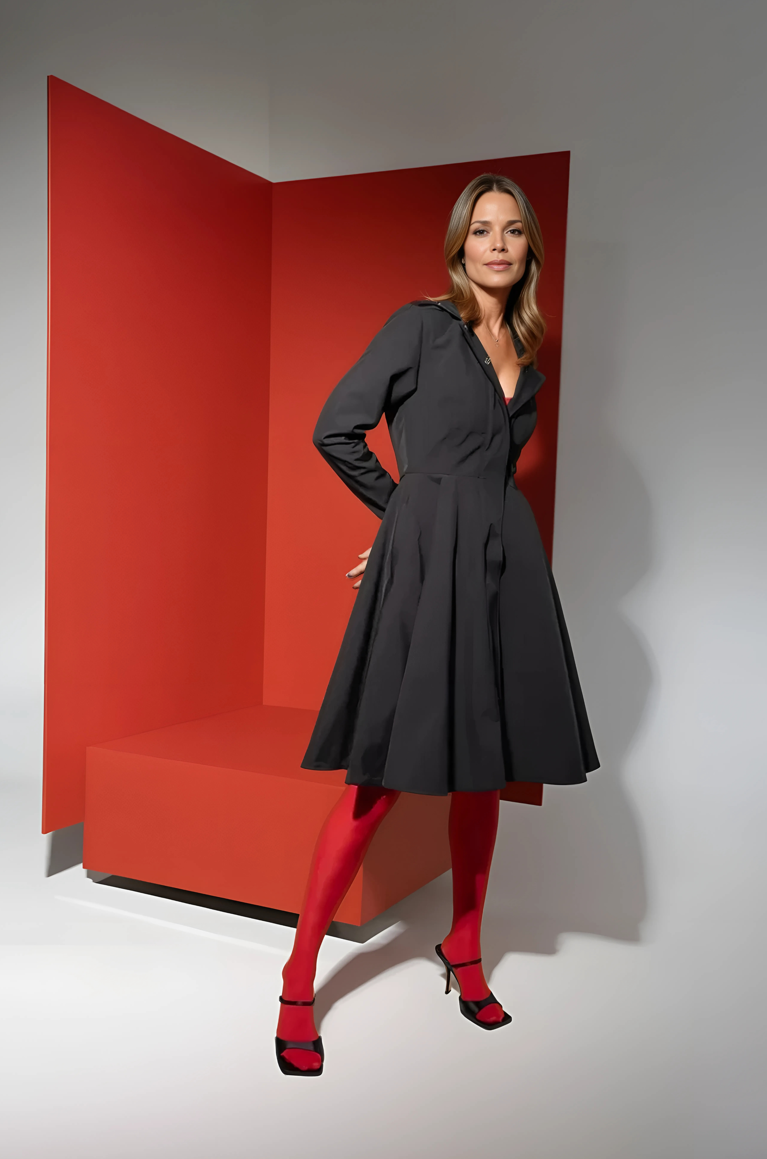 Fit and Flare Coat with Full Circle skirt in Black and Red - Raven Red