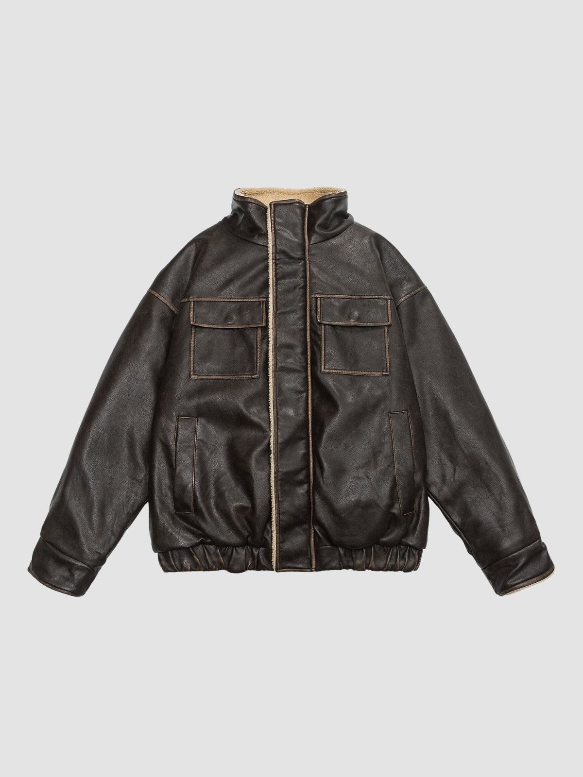 Retro Loose Leather Jacket - Shearling Bomber for Woman