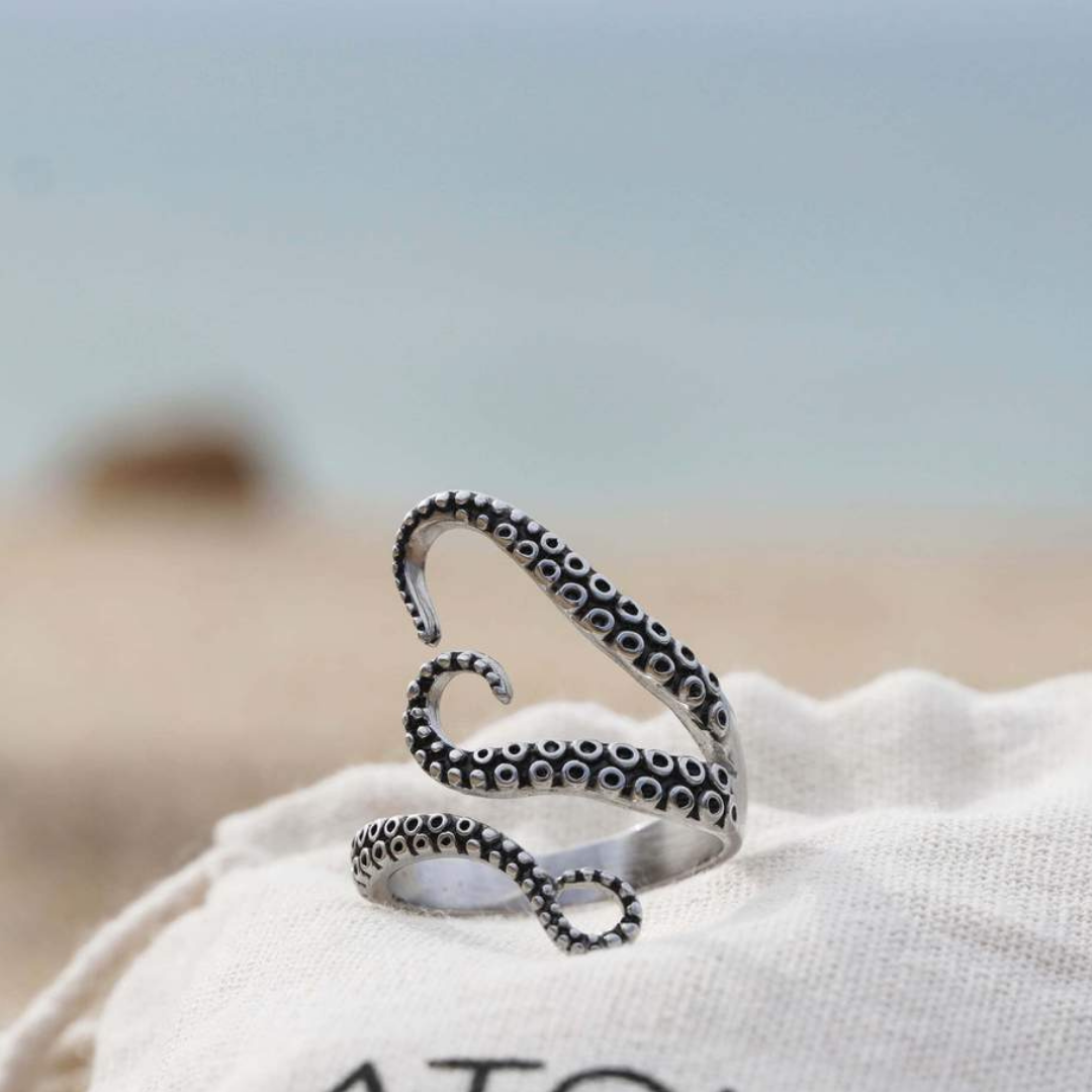 Silver Octopus Tentacle Ring – Adjustable Nautical Design