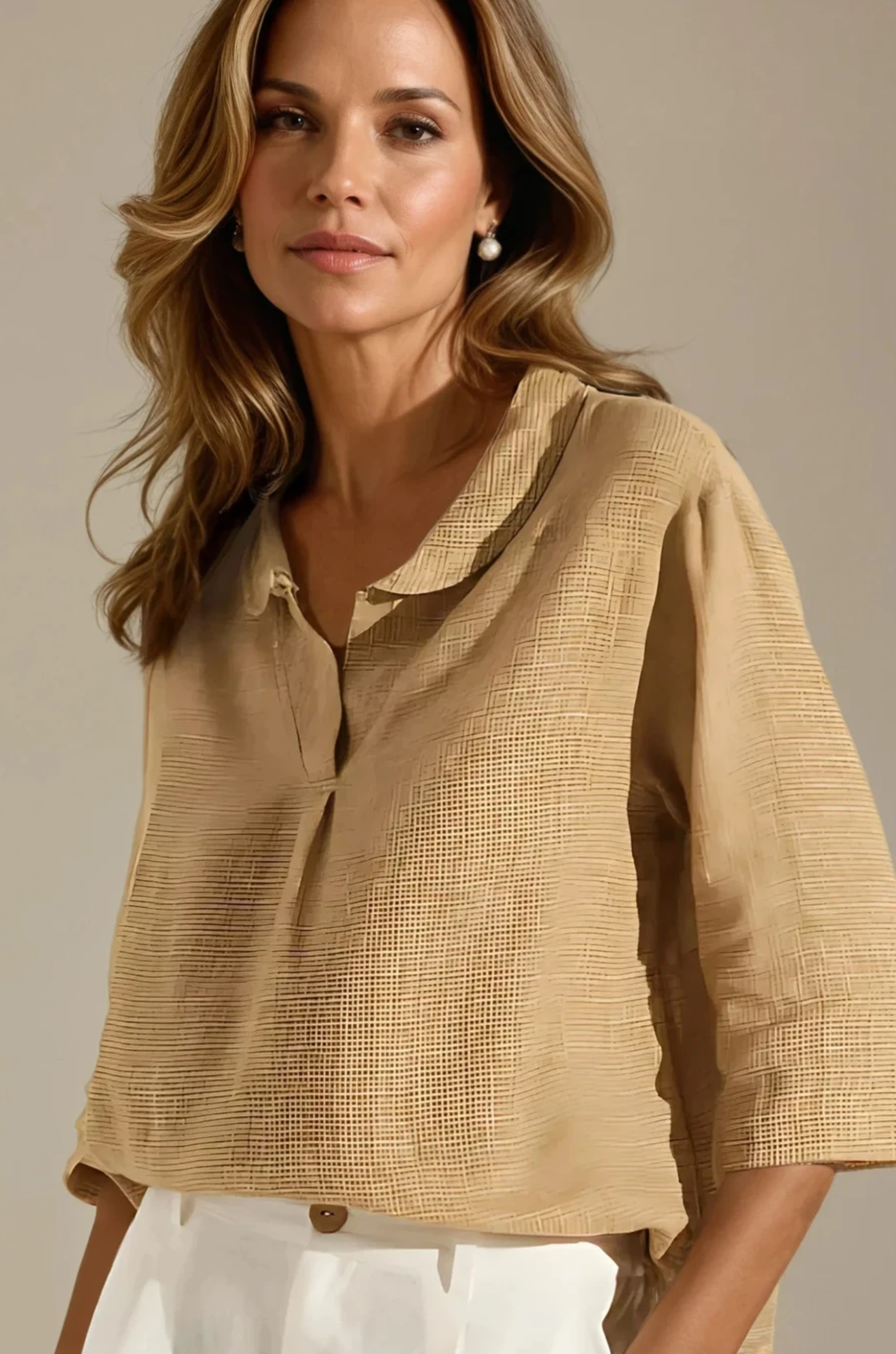 Casual Checked Linen Classic Doll Collar Shirt for Woman
