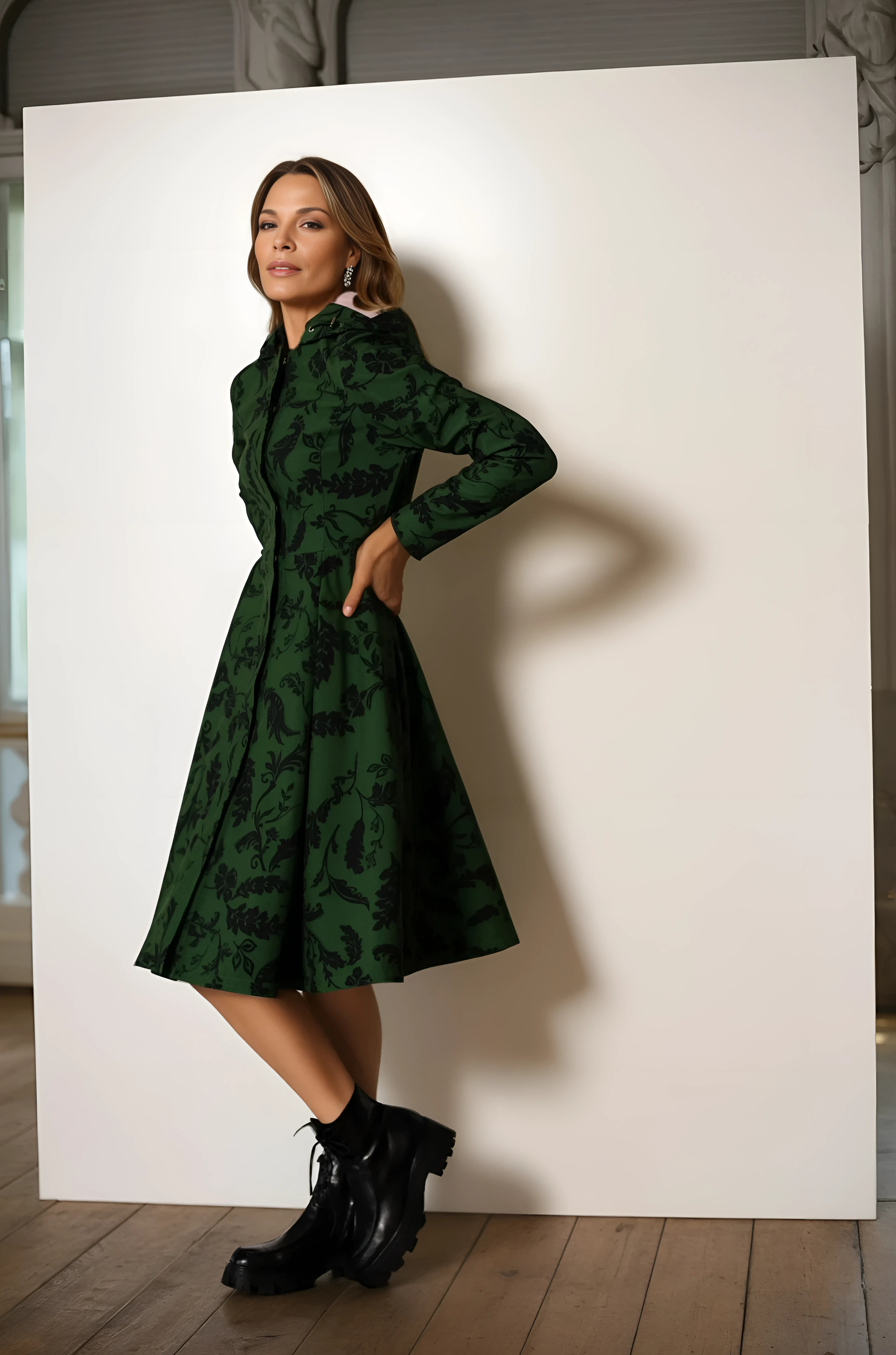 Fit and Flare Coat with Pleated Skirt in Green and Black - Forest Flower