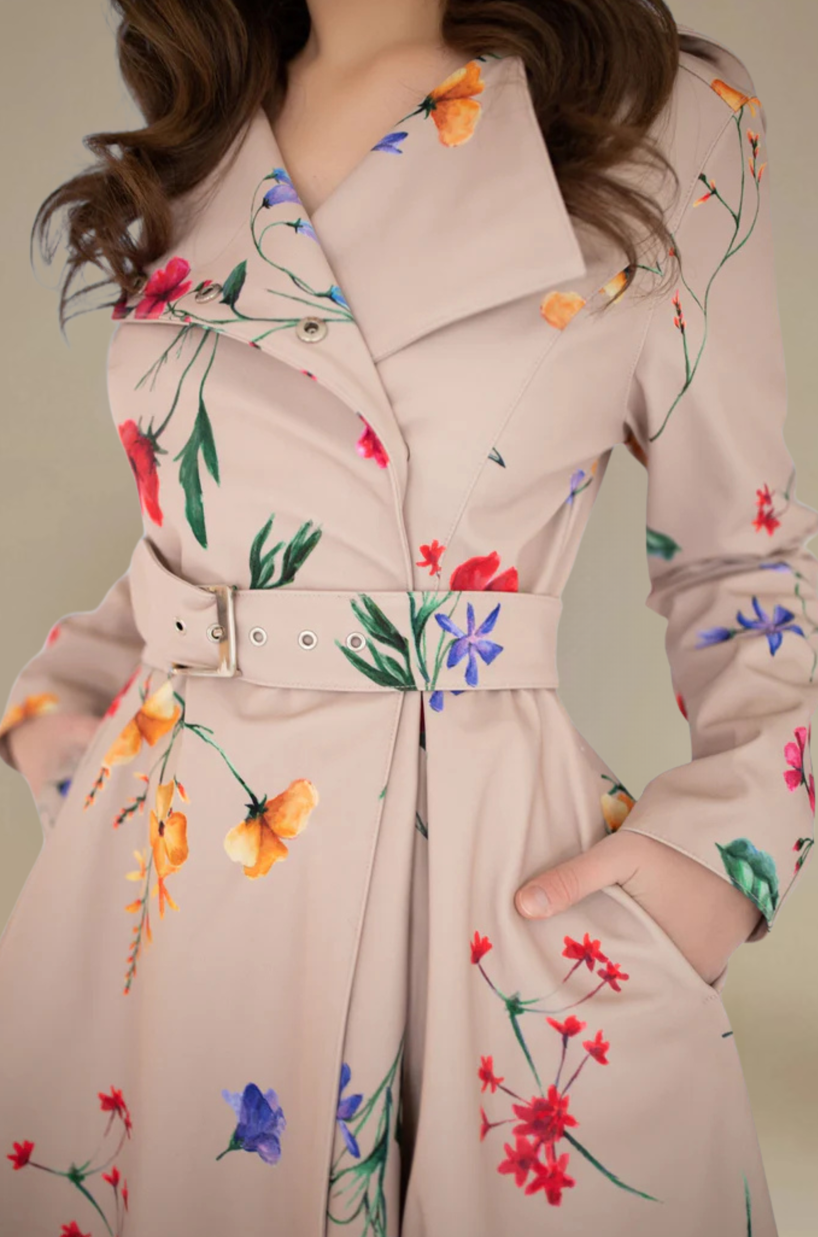 Double Breasted Trench Coat in Beige with Flower Print - Spring Bloom