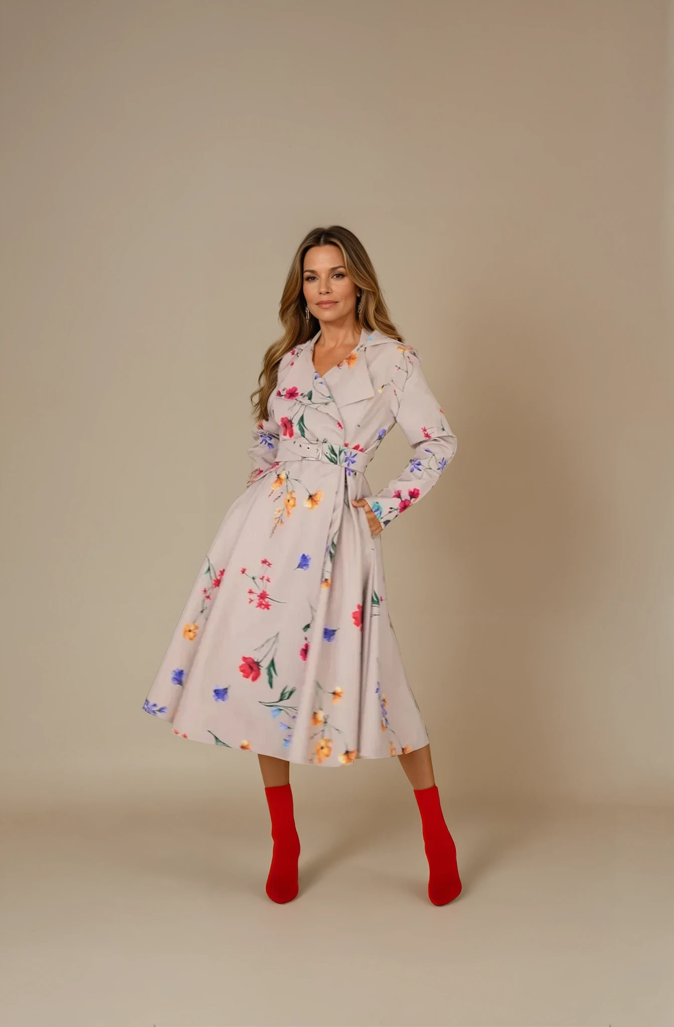 Double Breasted Trench Coat in Beige with Flower Print - Spring Bloom