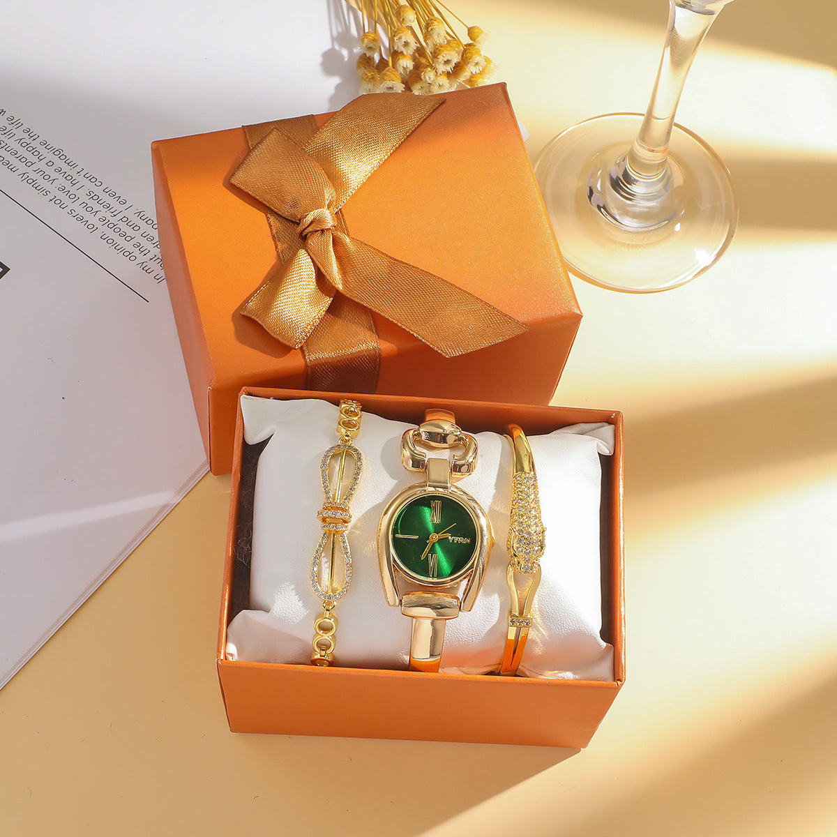Green & Gold Jewelry Gift Set – Watch, Bracelet & More