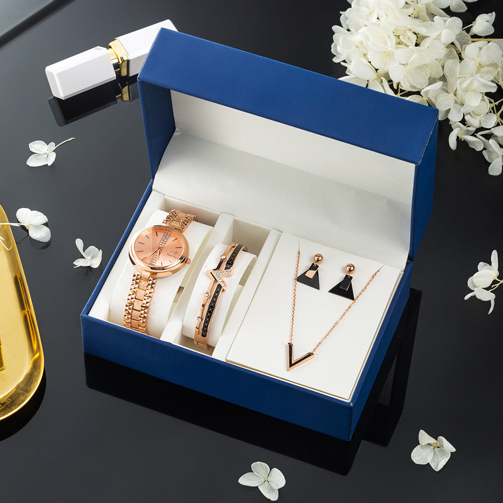 Elegant Rose Gold Jewelry Set – Watch, Bracelet & Earrings