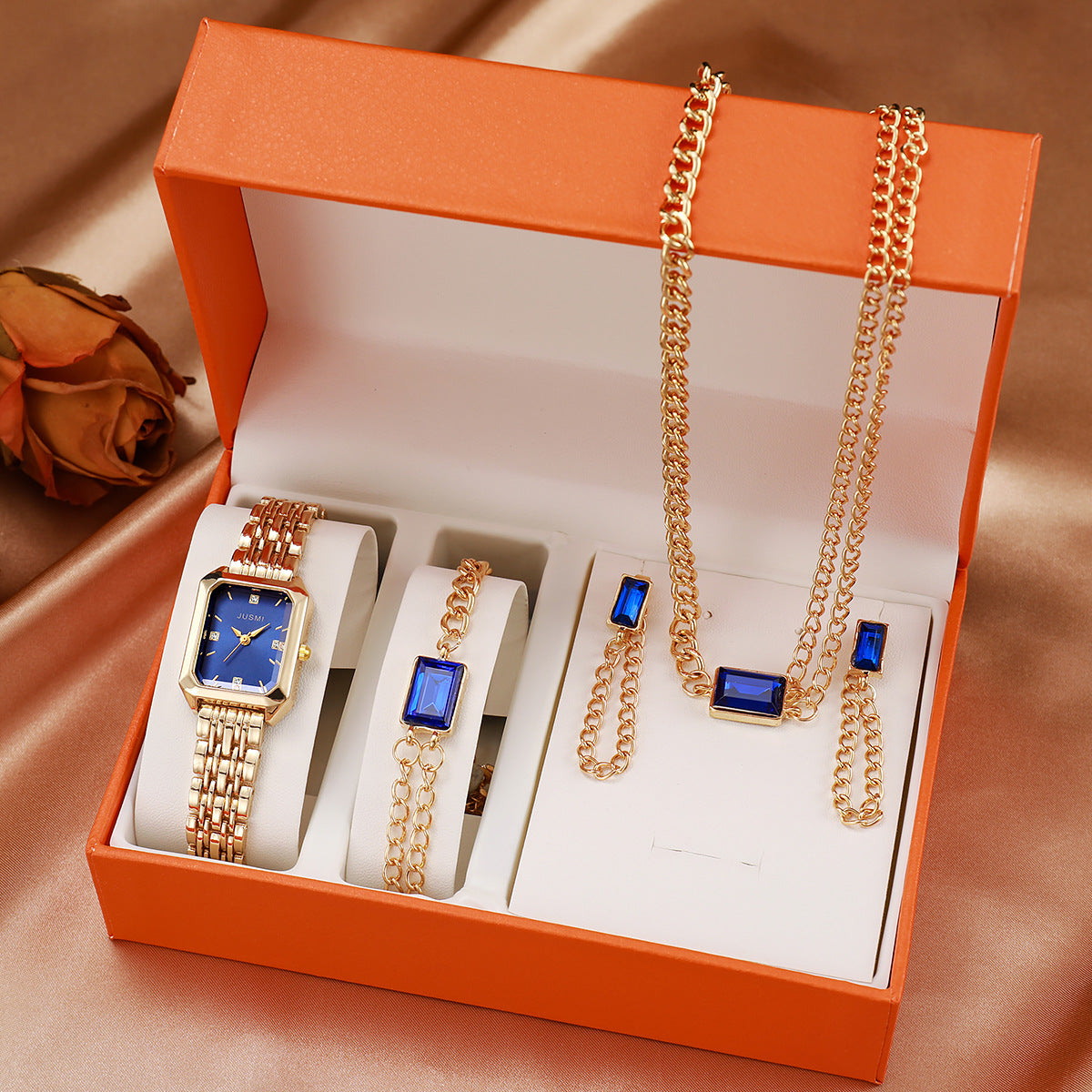 Blue & Gold Jewelry Gift Set – Watch, Necklace & Bracelet