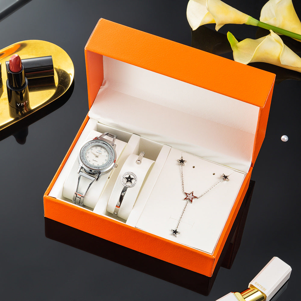 Elegant Rose Gold Jewelry Set – Watch, Bracelet & Earrings
