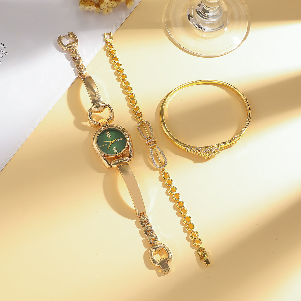 Green & Gold Jewelry Gift Set – Watch, Bracelet & More