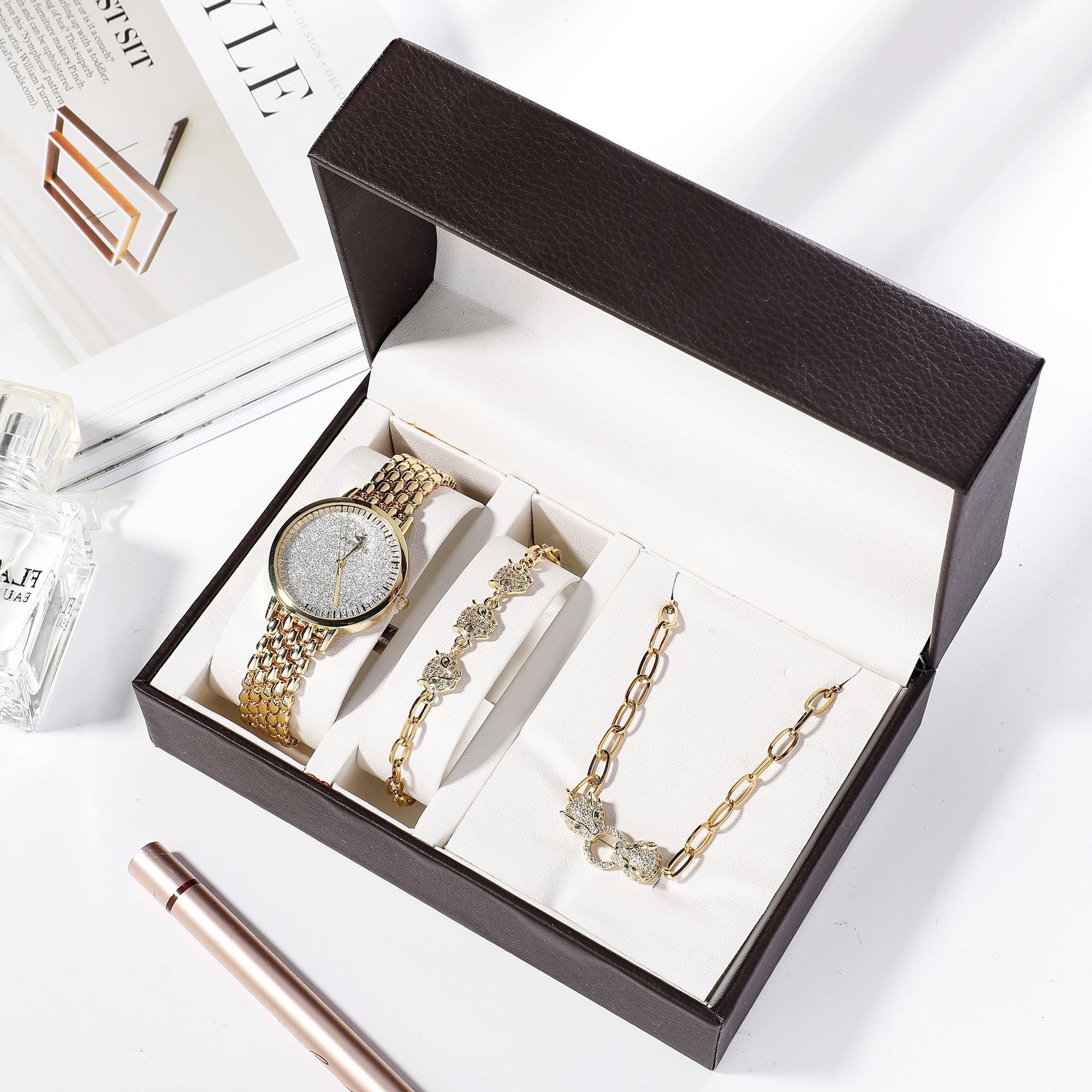 Elegant Rose Gold Jewelry Set – Watch, Bracelet & Earrings
