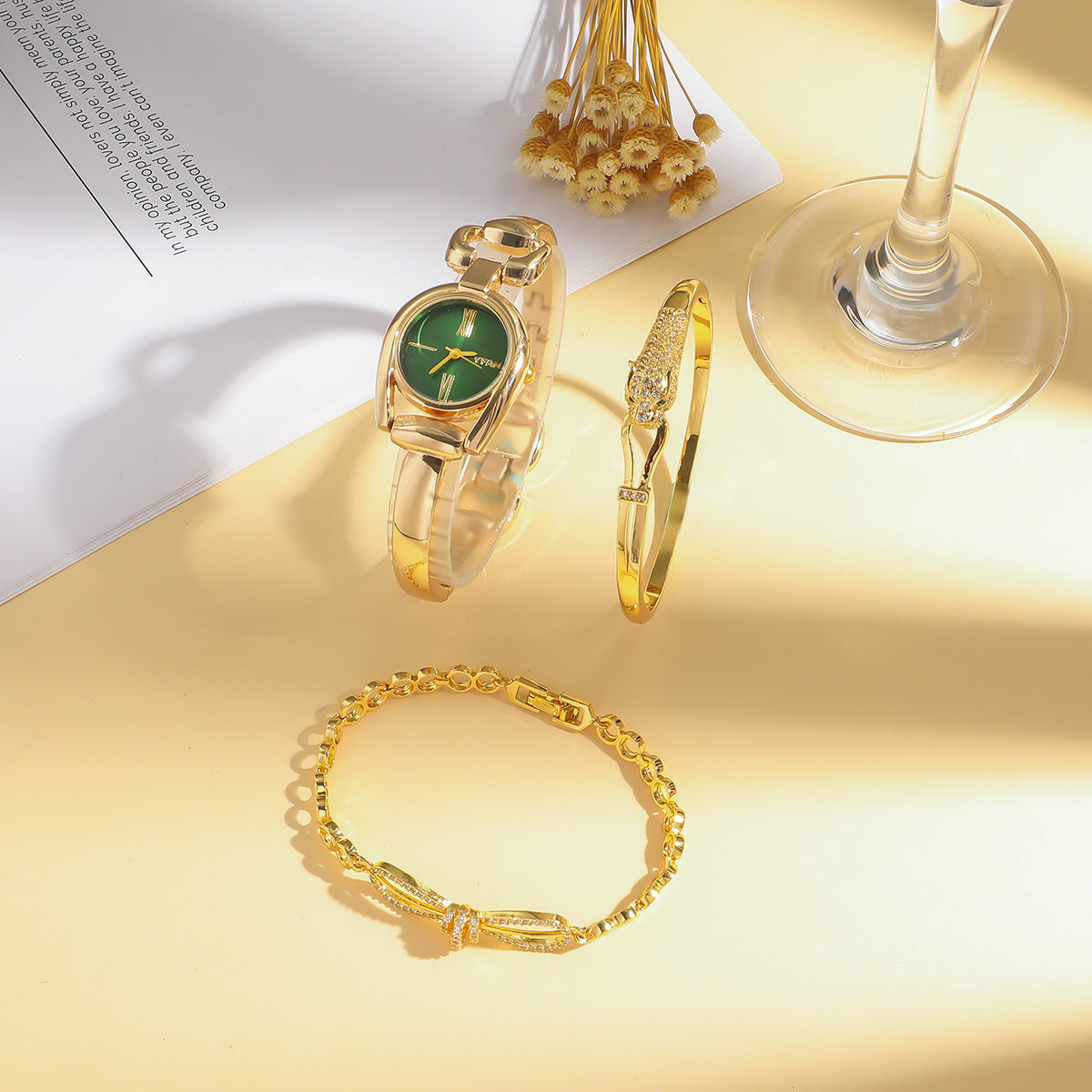 Green & Gold Jewelry Gift Set – Watch, Bracelet & More