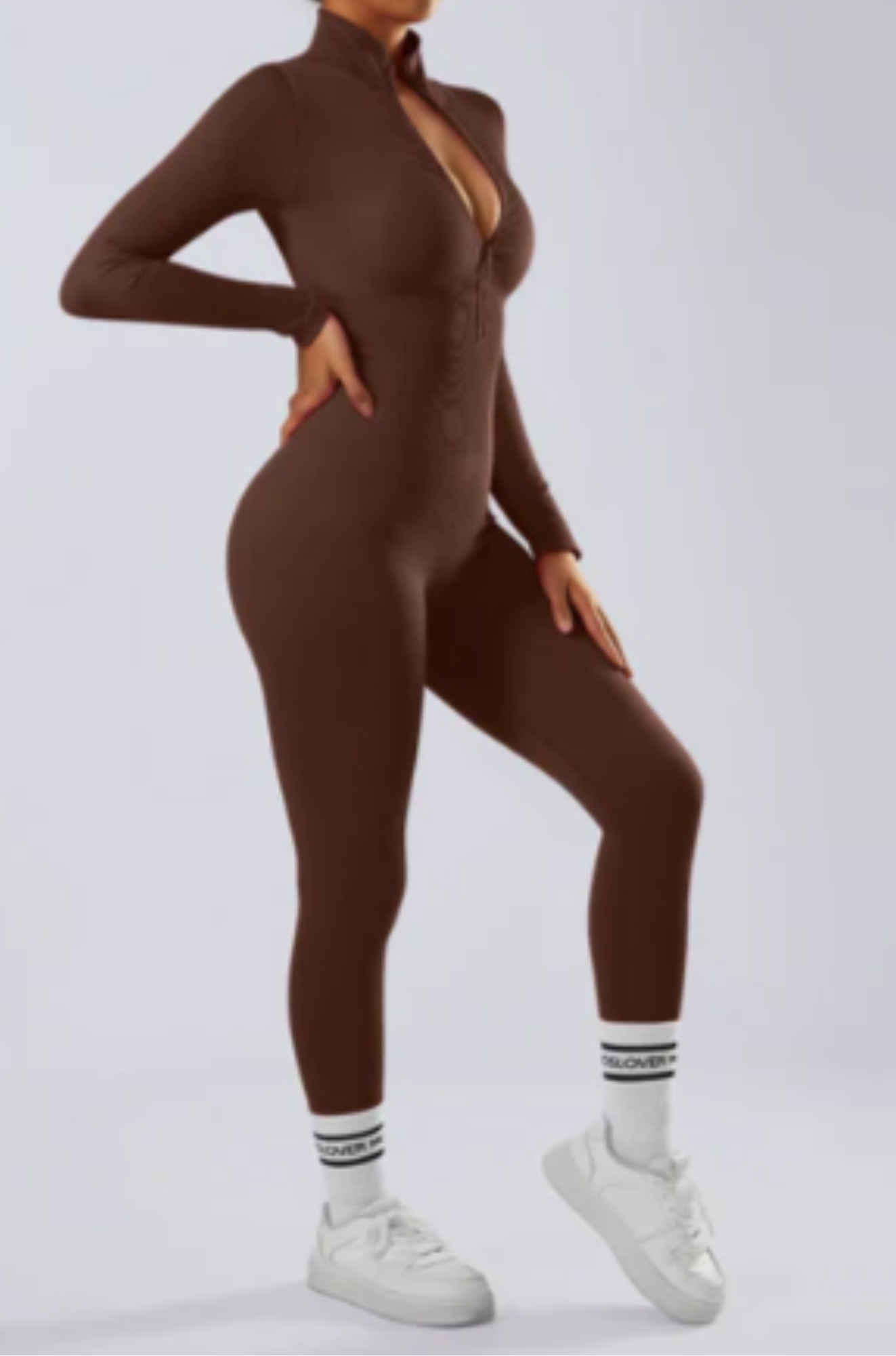 Bella Ribbed Zipper - Long Sleeve Jumpsuit for Woman
