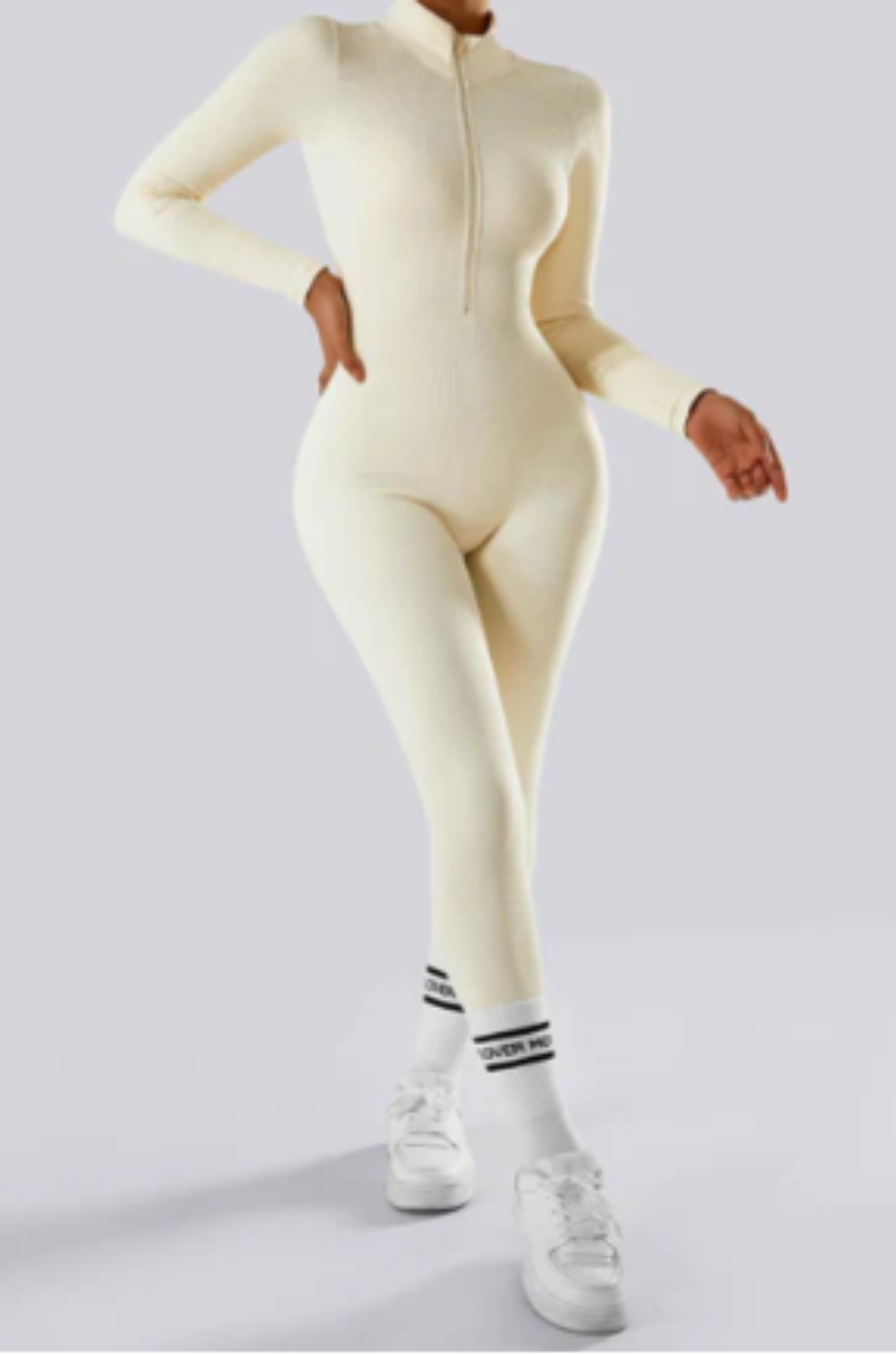 Bella Ribbed Zipper - Long Sleeve Jumpsuit for Woman