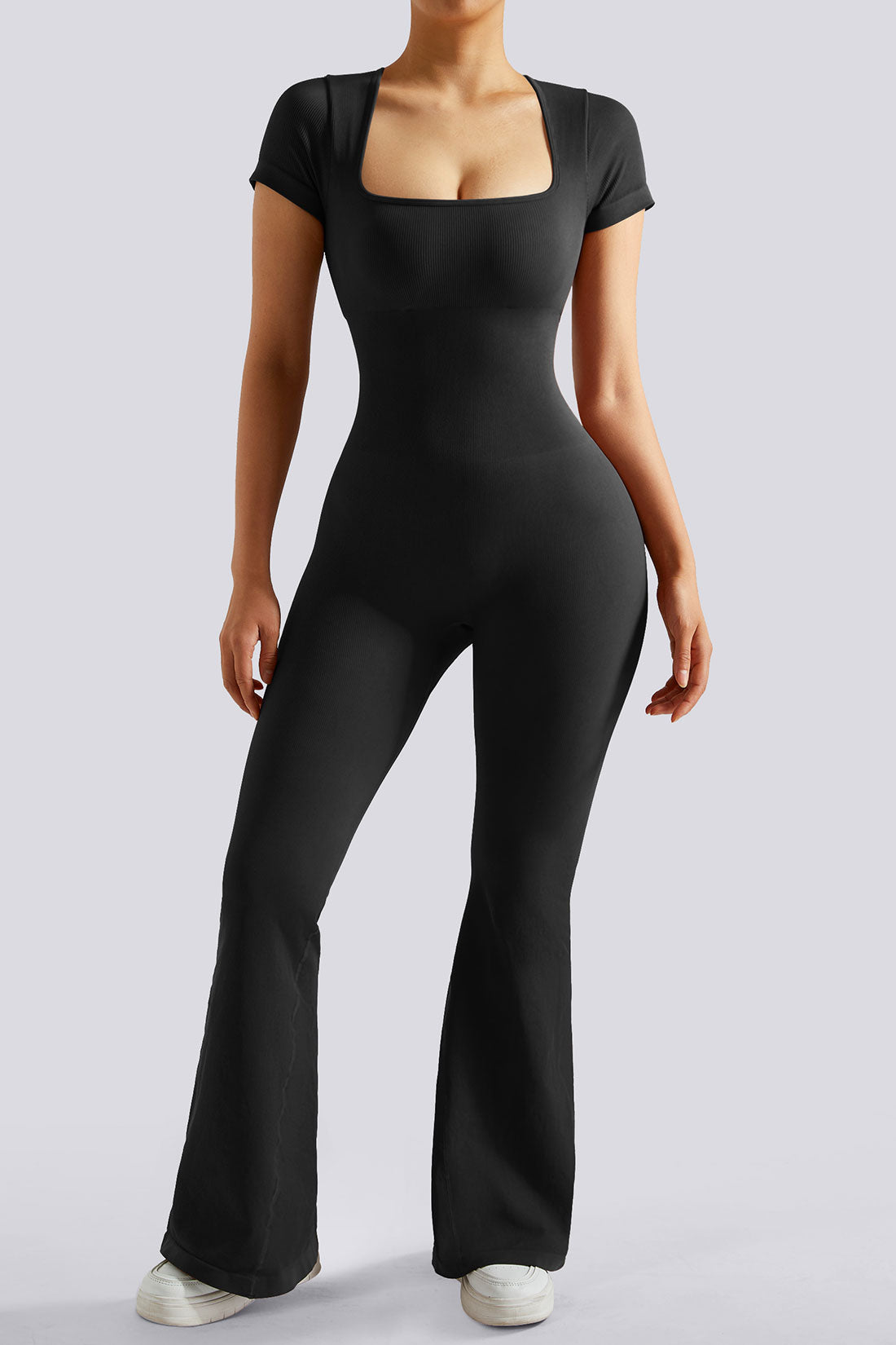 Ivy Short Sleeves Tummy Control Flared Jumpsuit - Flattering Jumpsuit for Woman