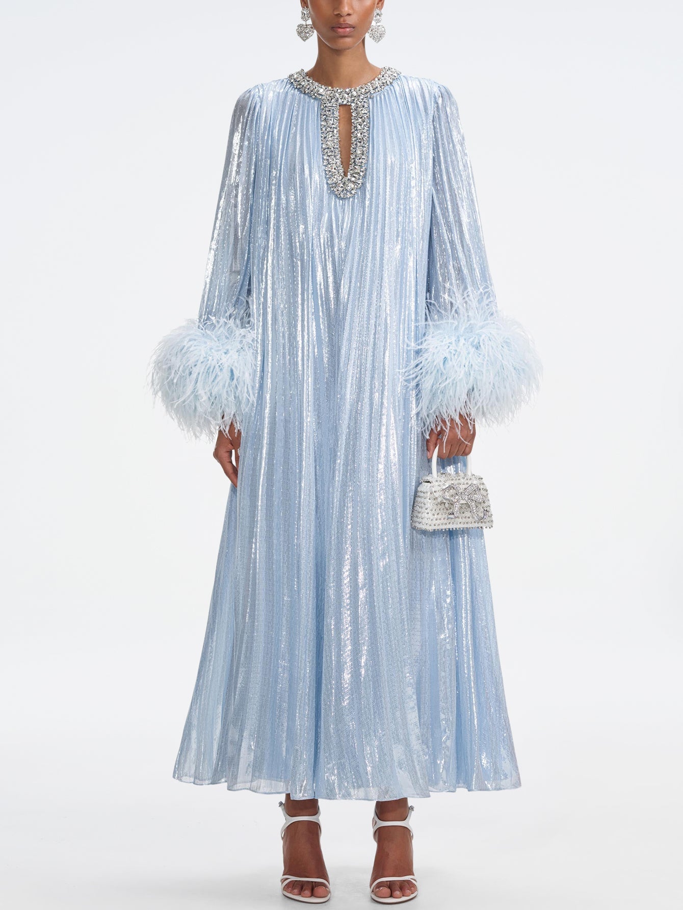 Satin Feather Embellished Evening Gown - Pearlescent Gown for Woman