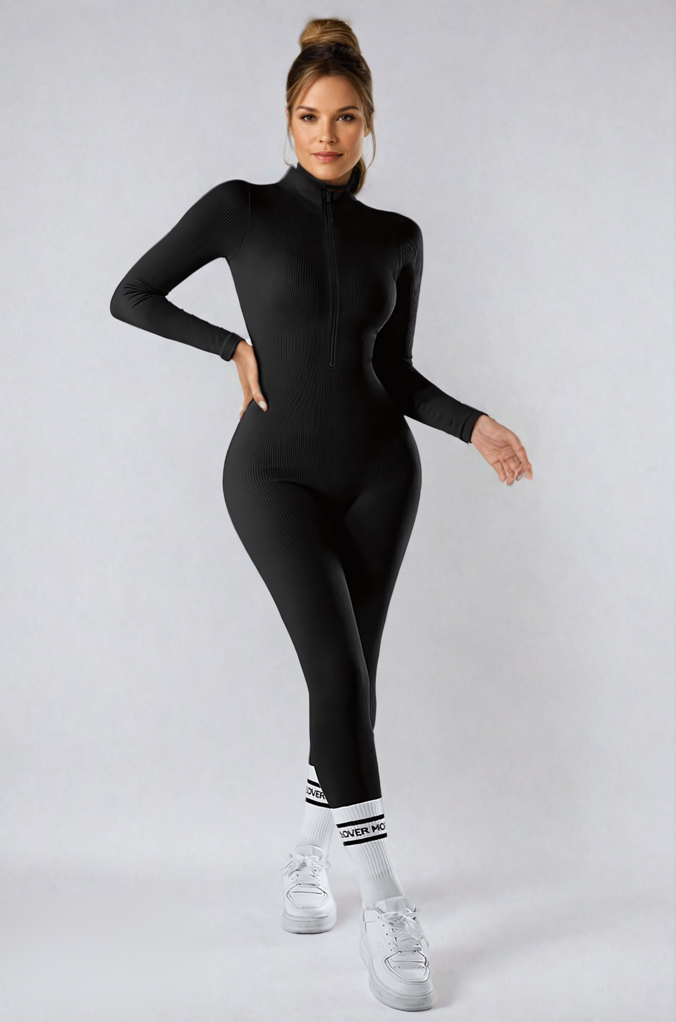 Bella Ribbed Zipper - Long Sleeve Jumpsuit for Woman
