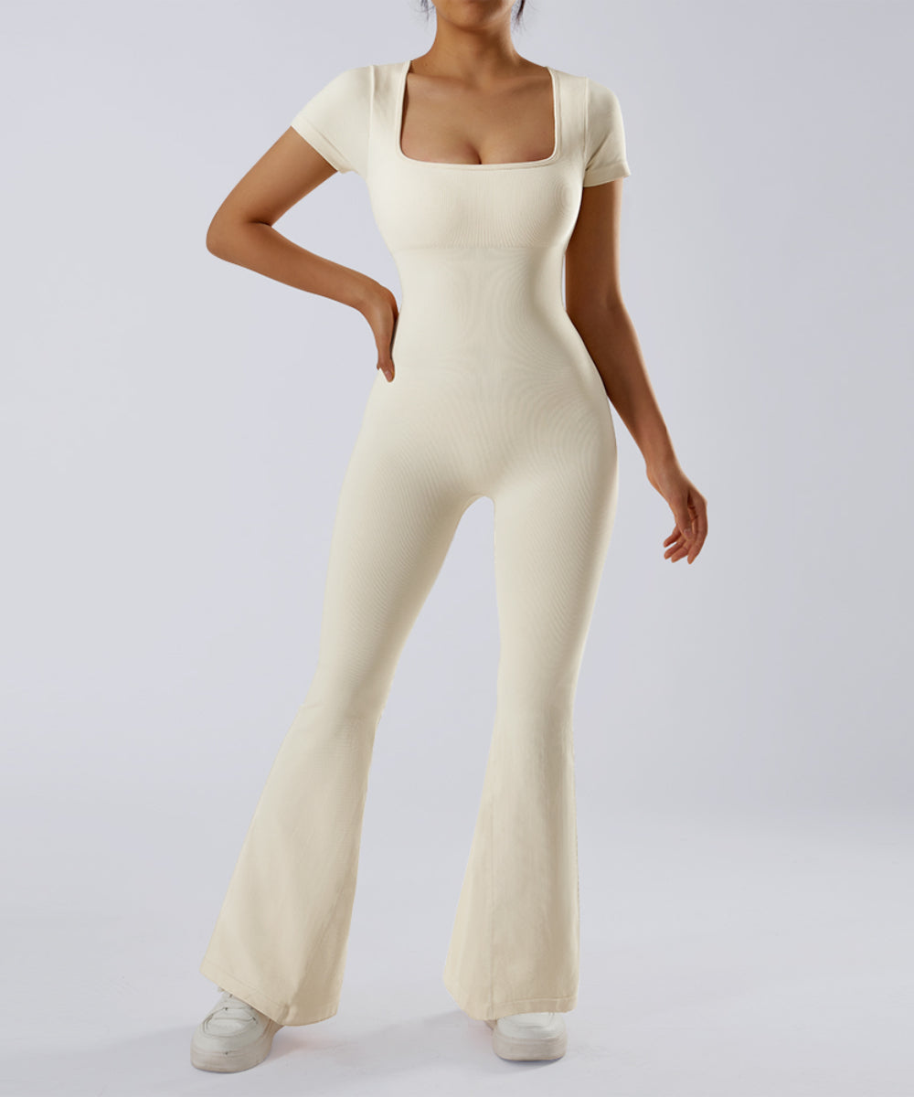 Ivy Short Sleeves Tummy Control Flared Jumpsuit - Flattering Jumpsuit for Woman