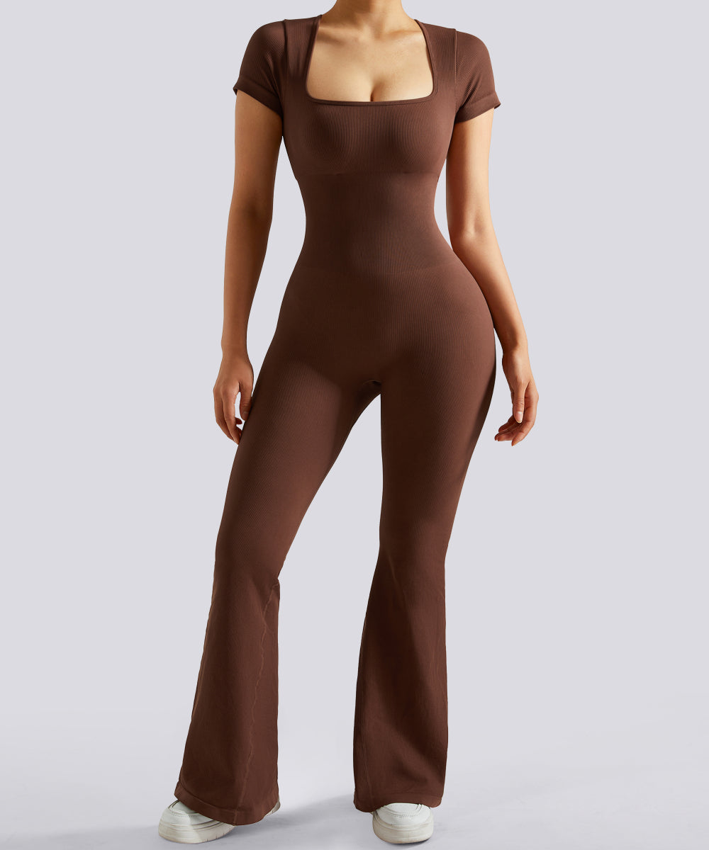Ivy Short Sleeves Tummy Control Flared Jumpsuit - Flattering Jumpsuit for Woman