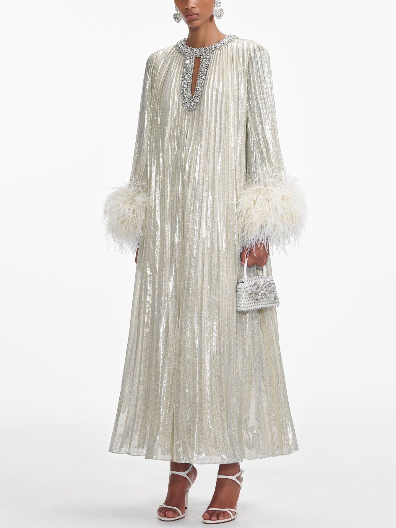 Satin Feather Embellished Evening Gown - Pearlescent Gown for Woman